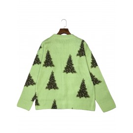 [Christmas Tree Print Cardigan] Women's Elegant 3D Christmas Tree Print Cardigan Sweater - Lime Green with Brown Button Closure, All-Over Festive Pattern, Round Neck & Button Front, Cozy for Holiday Parties & Winter Outfits (Hand Washable)