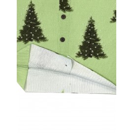[Christmas Tree Print Cardigan] Women's Elegant 3D Christmas Tree Print Cardigan Sweater - Lime Green with Brown Button Closure, All-Over Festive Pattern, Round Neck & Button Front, Cozy for Holiday Parties & Winter Outfits (Hand Washable)
