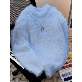 Korean Style Round Neck Sweater with Lazy Casual Metal Design Warm Faux Fur Pullover