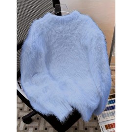 Korean Style Round Neck Sweater with Lazy Casual Metal Design Warm Faux Fur Pullover
