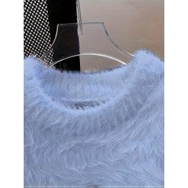 Korean Style Round Neck Sweater with Lazy Casual Metal Design Warm Faux Fur Pullover