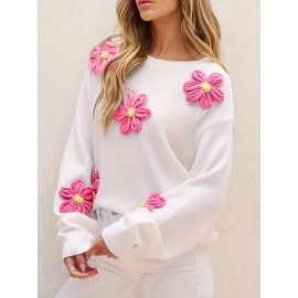 [Elegant Sweater] Valentine's Day Elegant Long Sleeve Crew Neck Sweater | Solid Color, Cute Flower Decorations, Women's Fashion - All Seasons