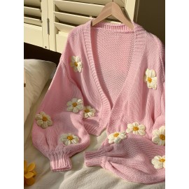 [Floral Cardigan for Women] Floral Pattern Women's Beige Cardigan - Long Sleeve Sweater with Round Neck for Spring/Fall Layering | Everyday & Formal Outfits, Lightweight Fabric, Textured Knitwear, Durable Knitwear, Office Wear, Fall Wardrobe