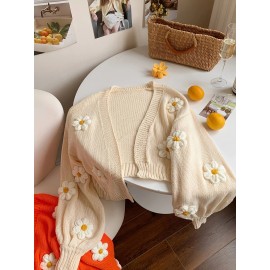 [Floral Cardigan for Women] Floral Pattern Women's Beige Cardigan - Long Sleeve Sweater with Round Neck for Spring/Fall Layering | Everyday & Formal Outfits, Lightweight Fabric, Textured Knitwear, Durable Knitwear, Office Wear, Fall Wardrobe