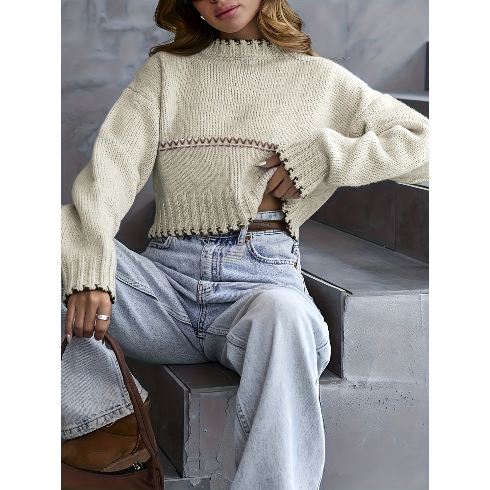 [Elegant Striped Pullover] Soft & Cozy Elegant Long Sleeve Striped Pullover for Women | Chic Round Neck, Fall/Winter Collection, Solid Color Design, Perfect for Casual or Stylish Outfits