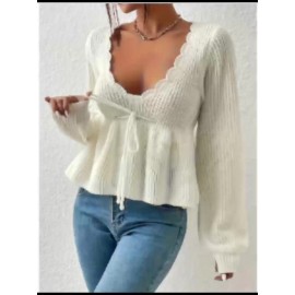 Women's Fashion Pullover with Elegant Petal Collar, Autumn/Winter Sweater with Tie Detail