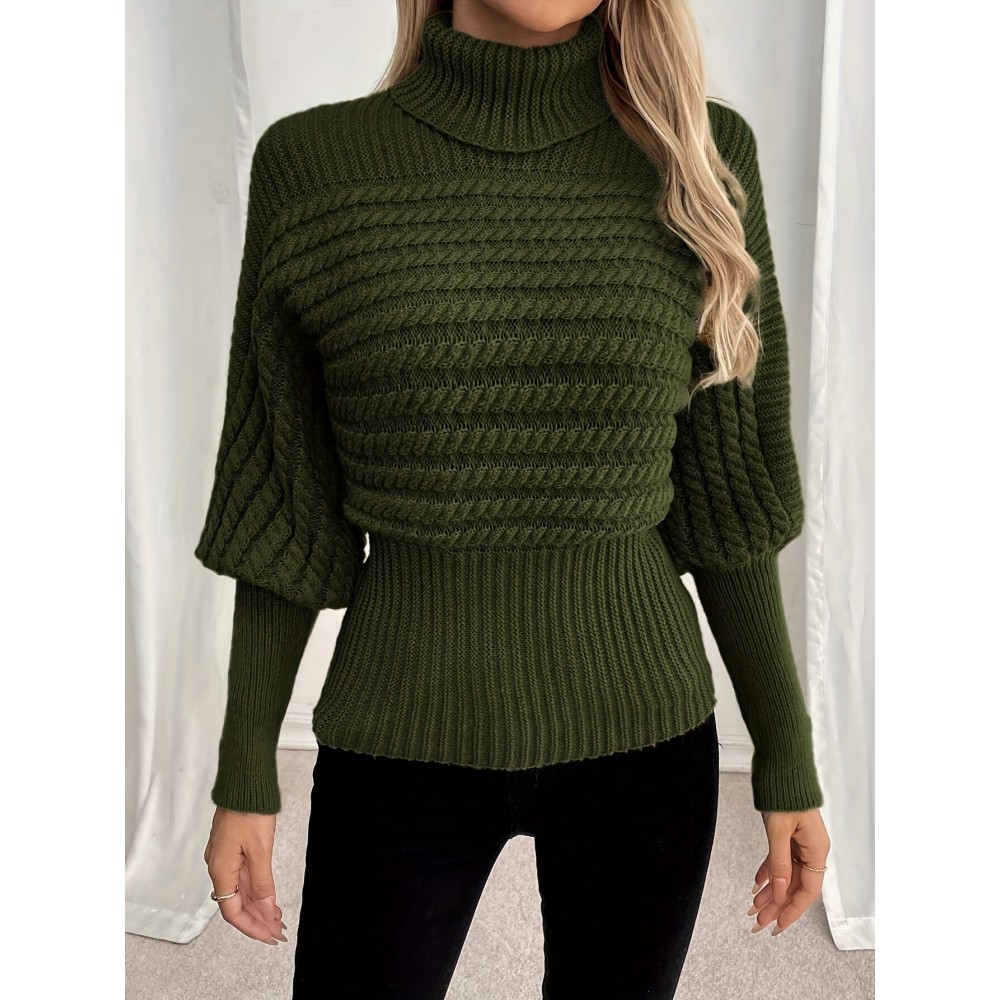 Women's High-Neck Ribbed Sweater - Olive Green Stretchy Long Sleeve Pullover, Loose Fit Textured Winter Top for Fall & Winter, Elegant Casual Chic Wardrobe Essential, Comfortable Fashion, Highneck Pullover, Soft Comfort