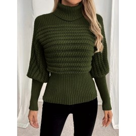 Women's High-Neck Ribbed Sweater - Olive Green Stretchy Long Sleeve Pullover, Loose Fit Textured Winter Top for Fall & Winter, Elegant Casual Chic Wardrobe Essential, Comfortable Fashion, Highneck Pullover, Soft Comfort