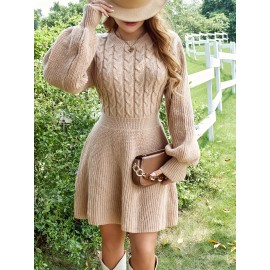 1pc Elegant French-Inspired Acrylic Knit Fabric A-Line Sweater Dress with Solid Color and Crew Neck Design