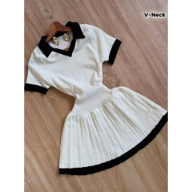 Women'S Casual Color Block V-Neck Dress with Flared Hem - White and Black, Short Sleeve, Polyester, Perfect for Spring/Summer, Casual Attire|Vneck Dress|Polyester Fabric