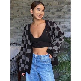 Checkerboard Pattern Casual Cardigan Sweater for Women, Long Sleeve Tops