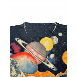 [All-Over Print, Thin Sweater] All-Over Print Thin Sweater | Universe Pattern, Casual Crew Neck Long Sleeve, Women's Clothing