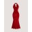 [Red Off-Shoulder Dress] Red Stretchy Off-Shoulder Mermaid Dress | Women's Elegant Bodycon Halter Neck | Polyester-Spandex Blend, Machine Washable Summer Party & Casual Outing Dress