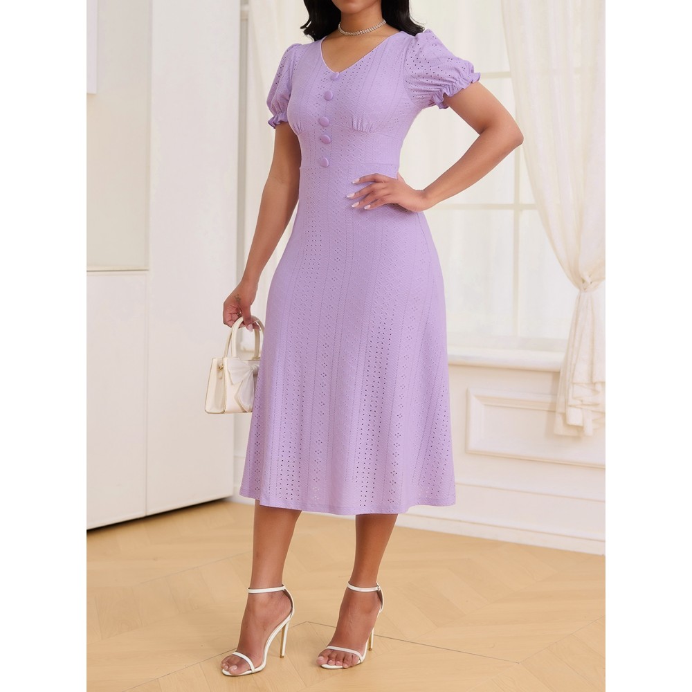 [Elegant Dress] Stretchy Elegant Women's V-Neck Short Sleeve Dress | A-Line Mid-Length Machine Washable with Ruffled Bell Sleeves & Button Detail for All-Season Versatile Wear