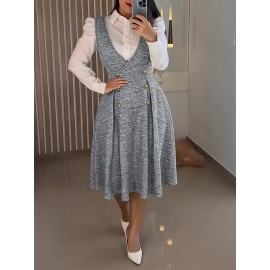 Elegant Women'S Dress - Deep V-Neck, Sleeveless A-Line with Button Detail, Fitted Silhouette, Gray Plaid Pattern, Perfect for Fall/Winter, Adult Fashion, Elegant Attire | Sleeveless Fashion | Construction, Cute Dresses