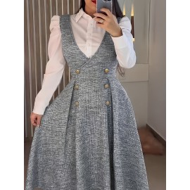 Elegant Women'S Dress - Deep V-Neck, Sleeveless A-Line with Button Detail, Fitted Silhouette, Gray Plaid Pattern, Perfect for Fall/Winter, Adult Fashion, Elegant Attire | Sleeveless Fashion | Construction, Cute Dresses