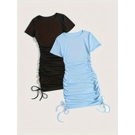Women's 2pcs Set Summer Solid Color Striped Pleated Tie-Back Round Neck Short Sleeve Dress Special Edition