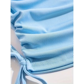 Women's 2pcs Set Summer Solid Color Striped Pleated Tie-Back Round Neck Short Sleeve Dress Special Edition