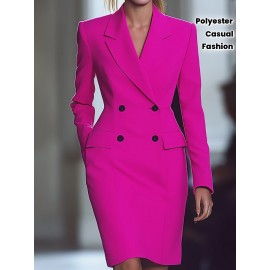 [Bright Pink Blazer Dress] Elegant Bright Pink Long Sleeve Blazer Dress | Women's Mid-Length Office & Casual Style with Double-Breasted Notch Lapel, Polyester Blend, Spring/Summer Collection, Versatile Fashion