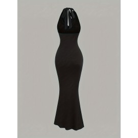 2pcs Elegant Halter Neck Mermaid Dresses - Ruched Bodycon Party & Casual Wear for Women, Black and Red, Machine Washable, Spring/Summer Collection, Spring Summer Attire, Sophisticated Silhouette, Comfortable Fit