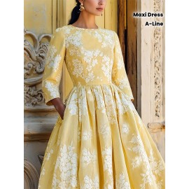 Women's Elegant Maxi Dress - Mustard-Yellow Floral print A-Line long dress, Non-Stretchy fabric for Formal & Casual Events, Office, Parties - All-Season Women's Clothing