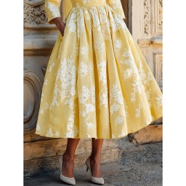 Women's Elegant Maxi Dress - Mustard-Yellow Floral print A-Line long dress, Non-Stretchy fabric for Formal & Casual Events, Office, Parties - All-Season Women's Clothing