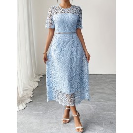 Women'S Elegant Long Formal/semi-formal Dress - Flowy A-Line Party Wedding Guest Gown, Round Neck Short Sleeve Evening Dress for Women, Special Occasion, Feminine Design, Delicate Lace, Lace Detailing, Bridal Guest
