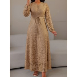 Women's Elegant Beige V-Neck Long Sleeve Dress with Puff Sleeves & Adjustable Waist Tie - A-Line Silhouette Floor-Length Formal Party Wedding Guest Dress, Machine Washable Solid Color HRYY332, Evening Gown, Highquality Material, Tailored Fit, Adult Women