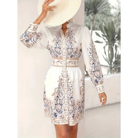Women's Bohemian Floral Print Button-Front Closure, Machine Washable Vacation Outfit for Women, Formal Casual Events, Floral Print Blouse, Autumn Clothing, Nontransparent Fabric