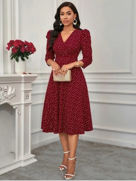 Women's Elegant Red Formal & Everyday dress - Flared skirt, Machine Washable Party, Work, Date Outfit - All-Season Chic Women's Dress, Workwear Attire, Flowy Fabric Gown, Comfortable Material, Professional Women