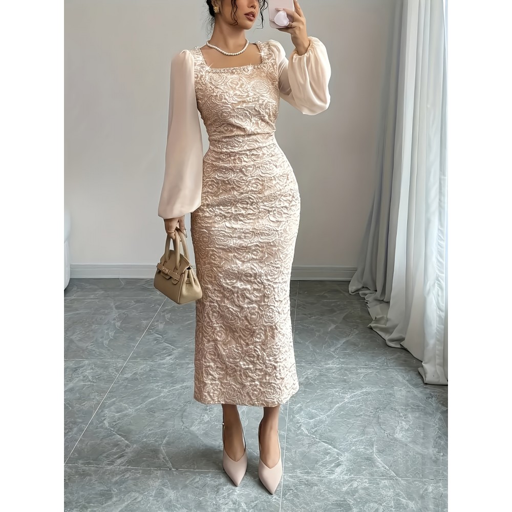 Elegant Long Sleeve Beaded Square Neck Dress - Chic Floral Pattern, High-Low Hem, Stretchy Polyester Blend, Perfect for Spring/Summer, Women'S Fashion, Cute Dress
