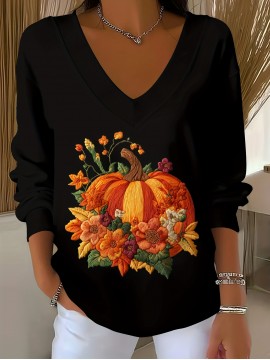 Women'S Halloween Witch Print Sweater - V-Neck Long Sleeve Pullover with Pumpkin & Floral Design, Loose Fit Casual Sweater for Fall/Winter, Halloween Clothes, Seasonal Fashion, Frenchinspired Style, Comfortable Wear, Fall Fashion, Frenchinspired Des