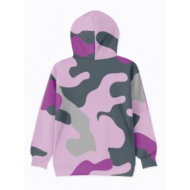 Women's Full-Body Pink & Green Camo Sweatshirt - Long Sleeve Hoodie with Drawstring Hood, Stretchy Polyester Pullover for Casual Streetwear, Everyday Outfits - Machine Washable Women's Clothing, Spring Autumn Apparel, Comfortable Fit