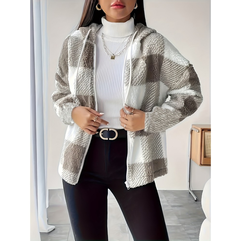Women's Plush Coat - Non-Stretchy Beige & Brown Checkered Winter Jacket, Machine Washable Cold Weather Outerwear for Fall/Winter, Chic Everyday & Formal Events Coat, Winter Coats, Casual Winter Wear, Textured Fabric