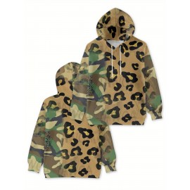 Women'S Camo Leopard Print Hoodie - Stylish Long Sleeve Pullover with Drawstring, 3D Digital Print, Stretchy Polyester, Casual Fit, Green & Black Design, Casual Wear Hoodie | Trendy Casual Style | Drawstring Hoodie