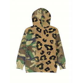 Women'S Camo Leopard Print Hoodie - Stylish Long Sleeve Pullover with Drawstring, 3D Digital Print, Stretchy Polyester, Casual Fit, Green & Black Design, Casual Wear Hoodie | Trendy Casual Style | Drawstring Hoodie