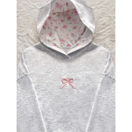 Women'S Casual Hoodie with Bow & Floral Design - Oversized Long Sleeve Pullover, Light Gray with Pink Accents, Easy to Match with, Spring/Summer/Fall Style, Autumn Casual Wear | Casual Style Hoodie | Construction, Essential Hoodie
