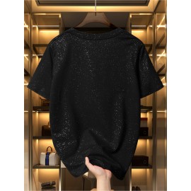 Women'S Sparkly Sequin Short Sleeve T-Shirt - Round Neck, Beige Casual Top for Spring/Summer, Glittery and Stylish, Perfect for Casual Attire