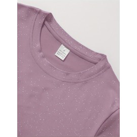 Women'S Sparkly Sequin Short Sleeve T-Shirt - Round Neck, Beige Casual Top for Spring/Summer, Glittery and Stylish, Perfect for Casual Attire