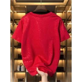 Women'S Sparkly Sequin Short Sleeve T-Shirt - Round Neck, Beige Casual Top for Spring/Summer, Glittery and Stylish, Perfect for Casual Attire
