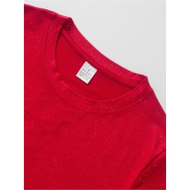 Women'S Sparkly Sequin Short Sleeve T-Shirt - Round Neck, Beige Casual Top for Spring/Summer, Glittery and Stylish, Perfect for Casual Attire