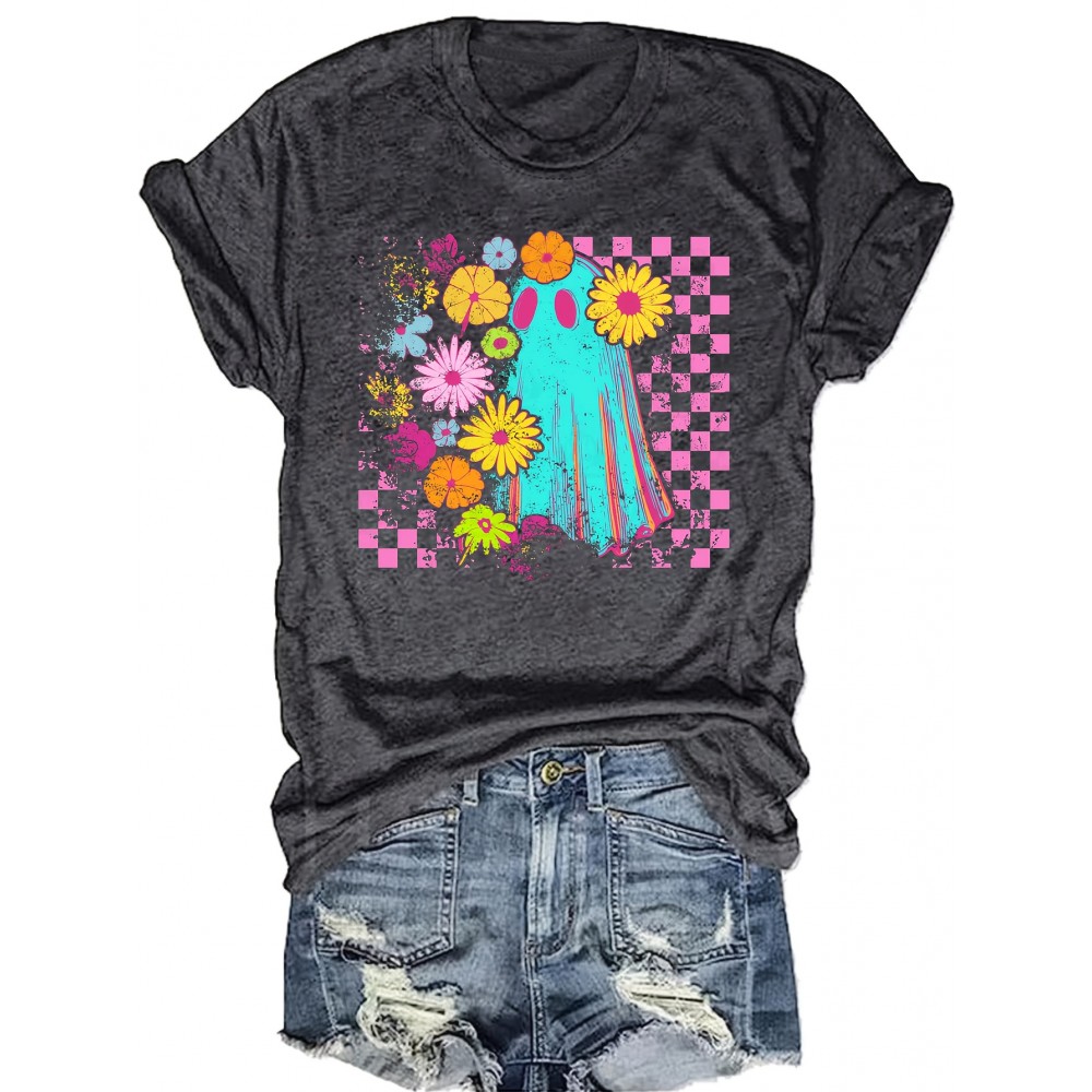 Women'S Halloween Graphic T-Shirt - Spooky Floral Print with Pink Checkered Background, Casual Short Sleeve Round Neck Tee for Casual Attire & Halloween Parties, Halloween Clothes, Festive Party Attire, Vibrant Print Top, Relaxed Fit Shirt