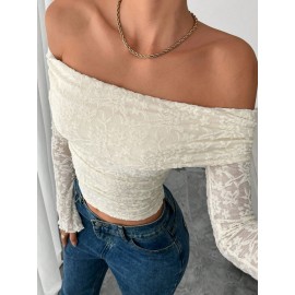 Women's Elegant Off-the-Shoulder Long Sleeve Blouse - Chic Tops for Parties, Formal Events & Casual Attire - Machine Washable Fall/Winter Shirt - Minimalist Women's Clothing, Party Outfit, Sophisticated Look, Durable Material, Stylish Top, Fashion Lovers