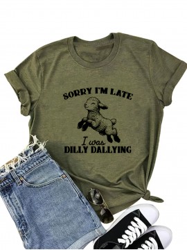 [Funny Sheep | Casual] Olive Green Funny Sheep Print | Women's Casual Crew Neck T-Shirt | 60% Polyester 35% Rayon 5% Spandex Knit Fabric, All-Season Animal Pattern Tee, 180gsm