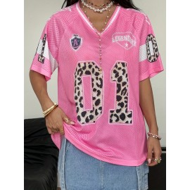 Women's Pink Leopard print T-Shirt - Sleeve, Breathable Mesh Fabric Top for Summer & Everyday Casual Outfits - Machine Washable Party Everyday Shirt, Relaxed Fit, Bold Graphics, Lightweight Material, Graphic Tee, Fashion Lovers