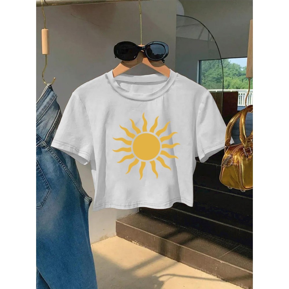 Women'S Vibrant Sun Graphic Crop Top T-Shirt - Casual Round Neck Short Sleeve, Machine Washable, Slim Fit, Perfect for Spring/Summer Outfits, Sunset Shirt
