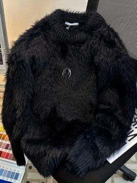 Korean Style Round Neck Sweater with Lazy Casual Metal Design Warm Faux Fur Pullover