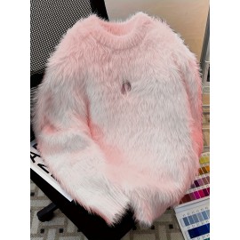Korean Style Round Neck Sweater with Lazy Casual Metal Design Warm Faux Fur Pullover