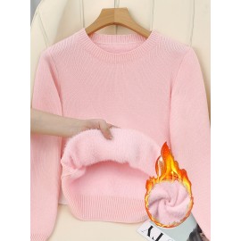 [Soft Thermal Sweater] Soft & Comfortable Women's Thermal Round-Neck Loose Fit Long Sleeve Sweater | All-Season Casual Top, Solid Color, Easy Care Hand Wash/Dry Clean, Medium Stretch, Clean Design