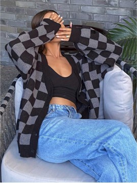 Checkerboard Pattern Casual Cardigan Sweater for Women, Long Sleeve Tops